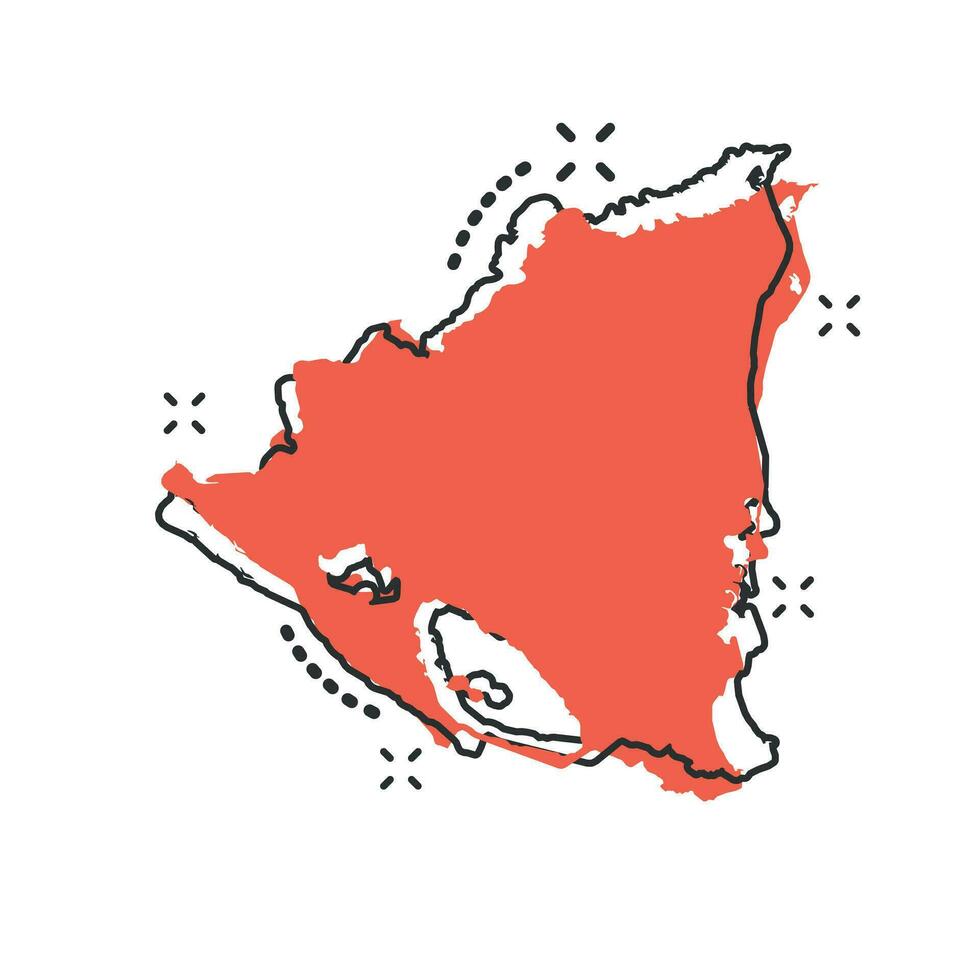 Vector cartoon Nicaragua map icon in comic style. Nicaragua sign illustration pictogram. Cartography map business splash effect concept.