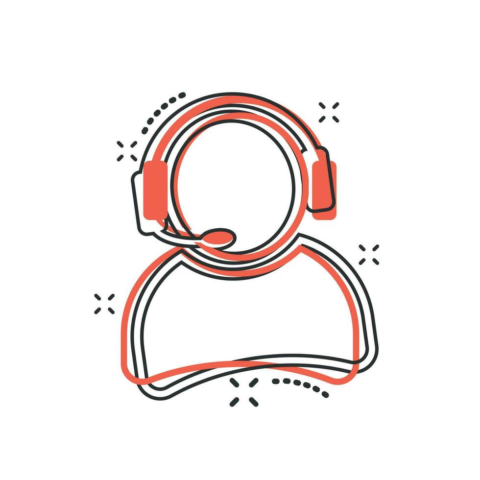 Vector cartoon operator with microphone icon in comic style. Operator in call center sign illustration pictogram. People business splash effect concept.
