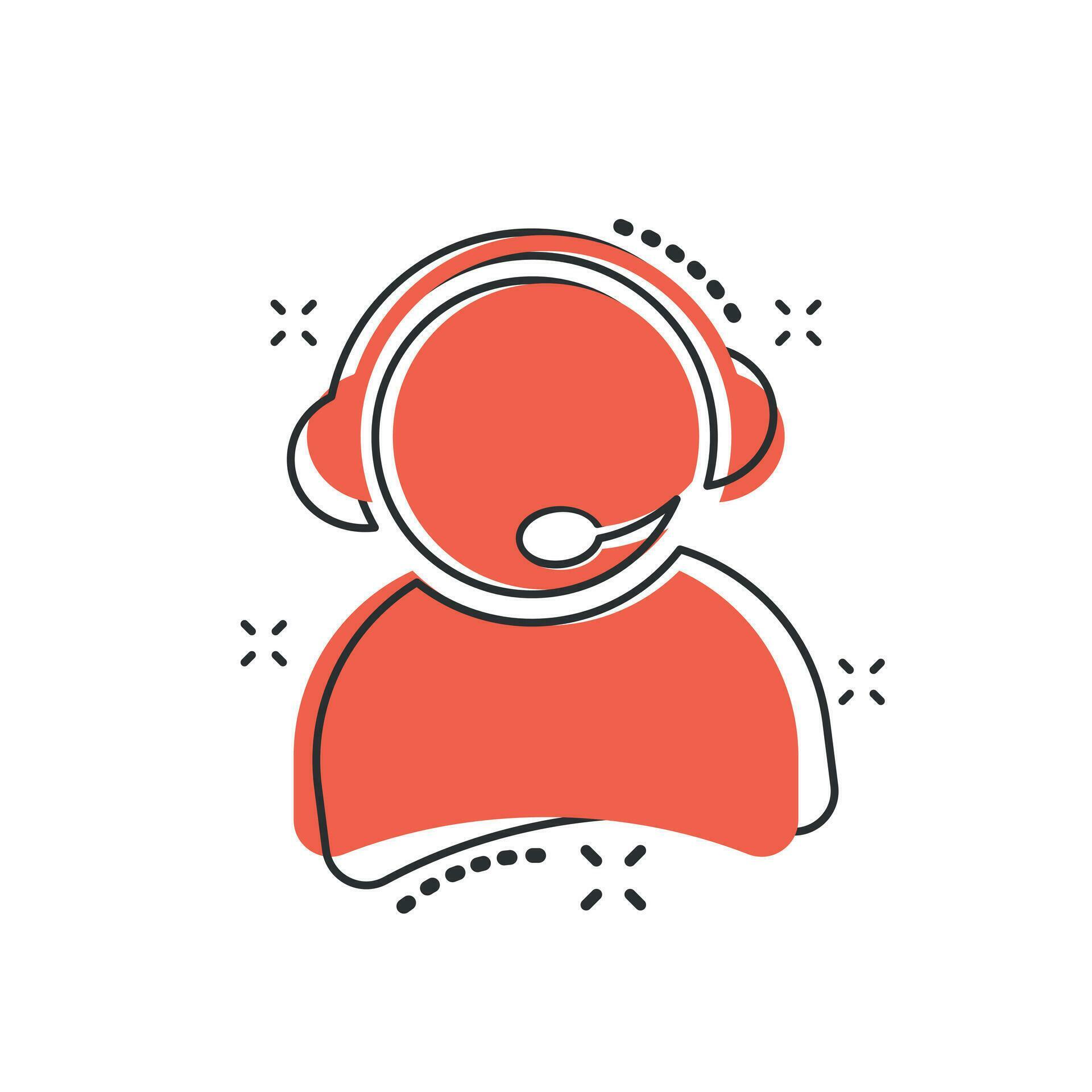 Vector cartoon operator with microphone icon in comic style. Operator in call center sign