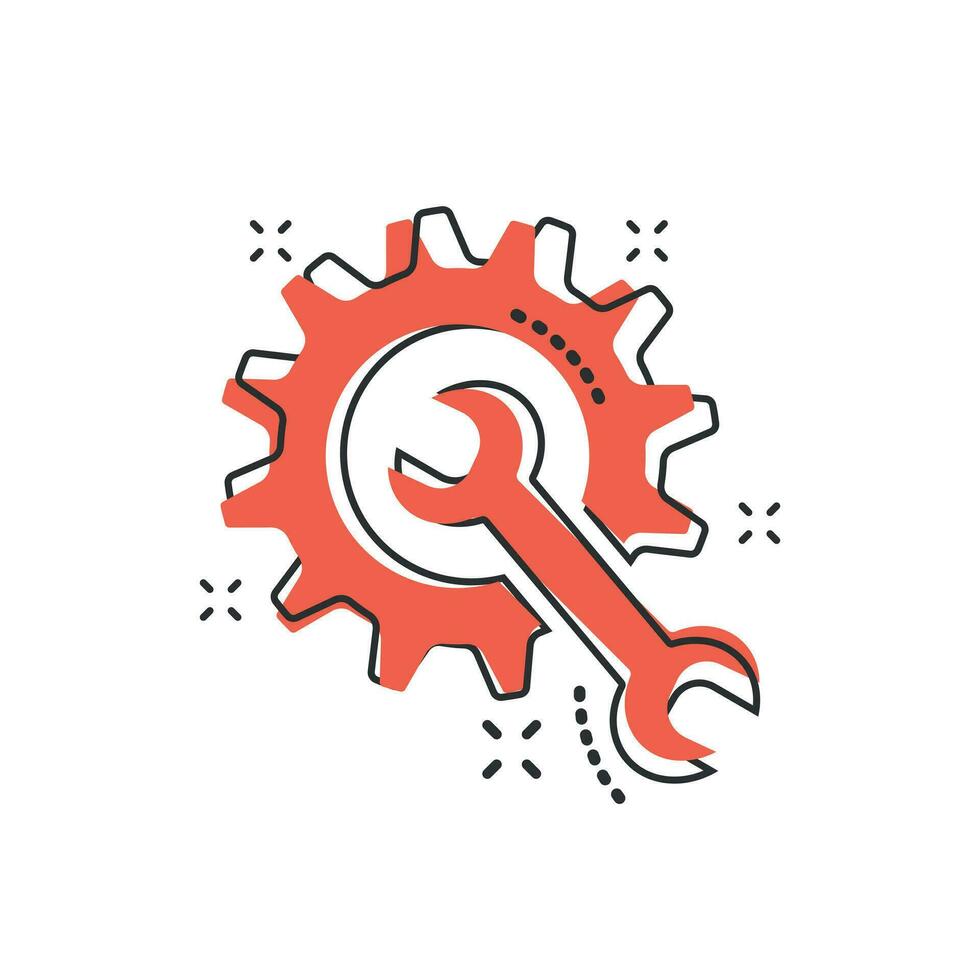 Vector cartoon service tool icon in comic style. Cogwheel with wrench sign illustration pictogram. Workshop business splash effect concept.