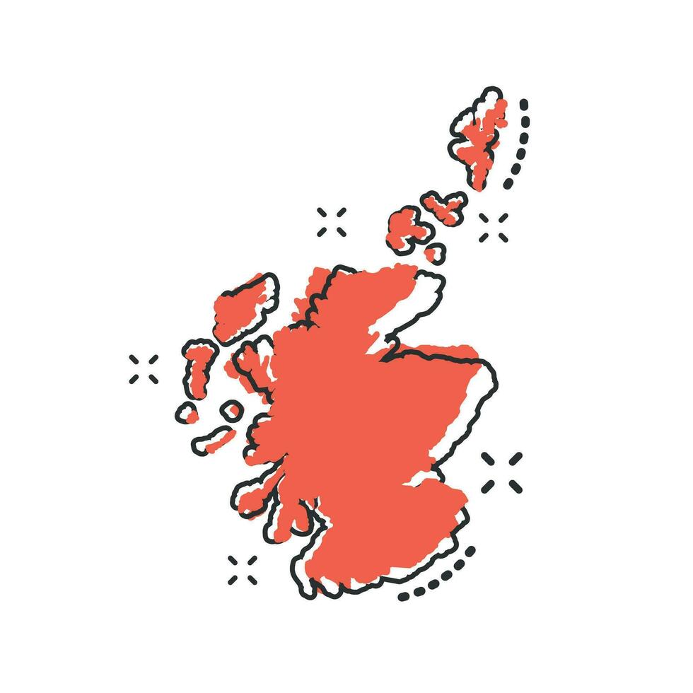 Vector cartoon Scotland map icon in comic style. Scotland sign illustration pictogram. Cartography map business splash effect concept.