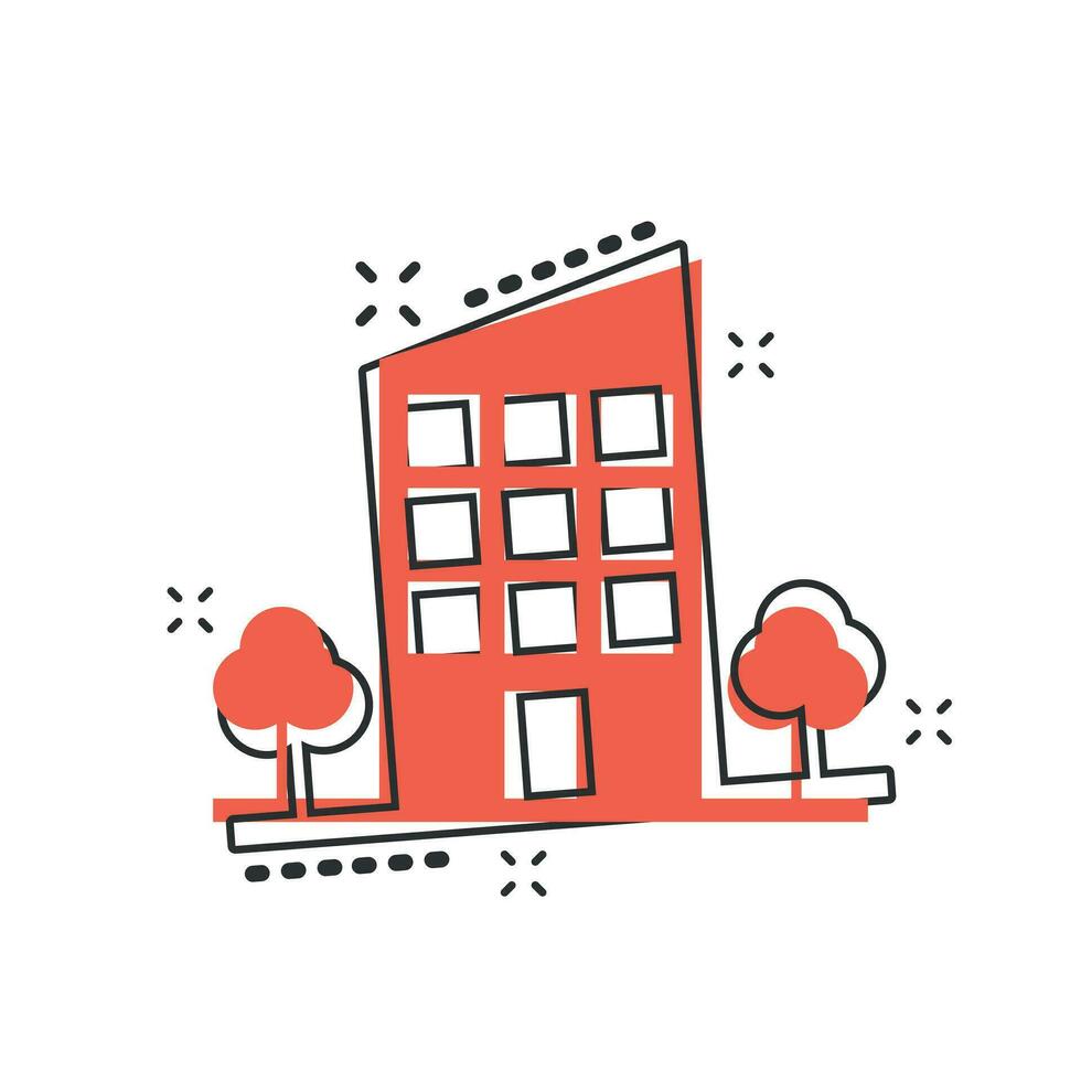 Vector cartoon building with trees in comic style. House sign illustration pictogram. Building business splash effect concept.