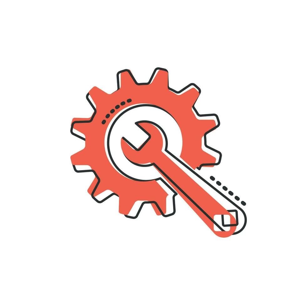 Vector cartoon service tool icon in comic style. Cogwheel with wrench sign illustration pictogram. Workshop business splash effect concept.