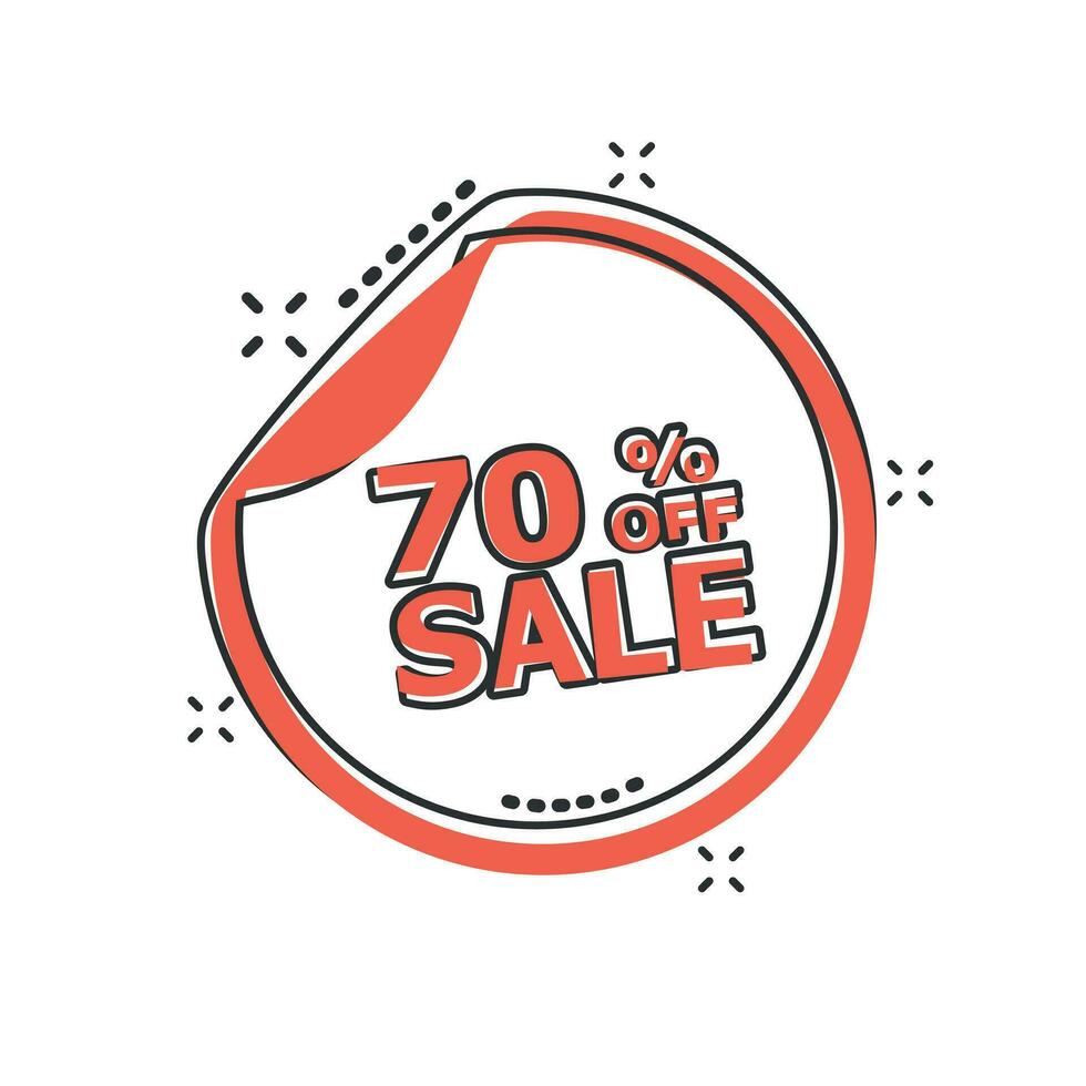 Vector cartoon sale sticker 70 percent off icon in comic style. Sale 70 sign illustration pictogram. Discount business splash effect concept.