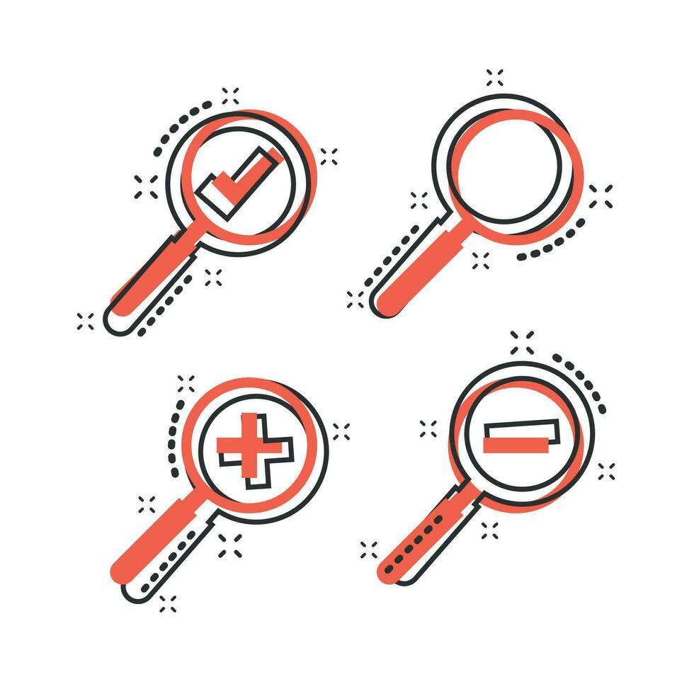 Vector cartoon set of loupe icon in comic style. Magnifier sign illustration pictogram. Search business splash effect concept.