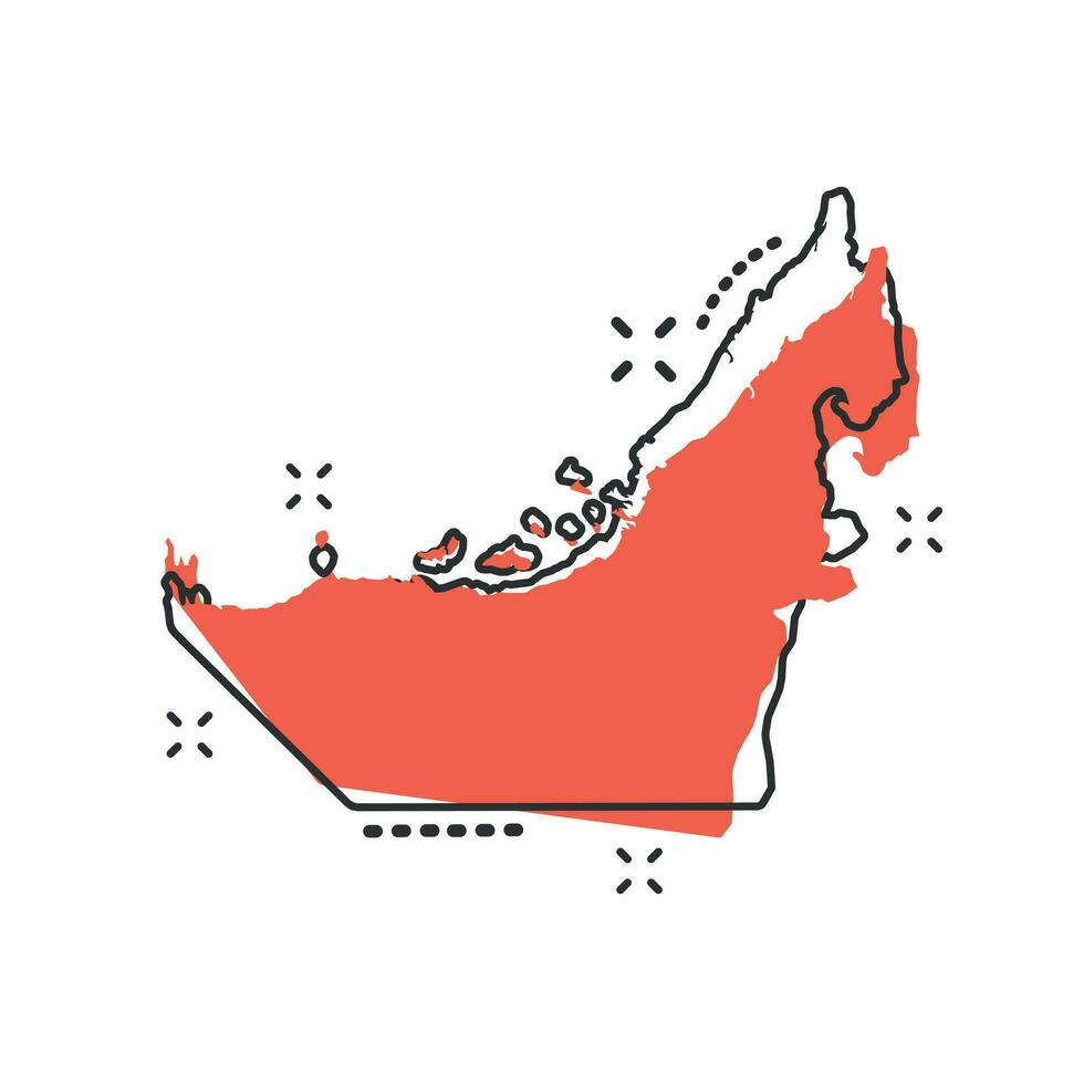 icono de mapa de emiratos árabes unidos de dibujos animados vectoriales en estilo cómico. pictograma de ilustración de signo de emiratos árabes unidos. concepto de efecto de salpicadura de negocio de mapa de cartografía. vector
