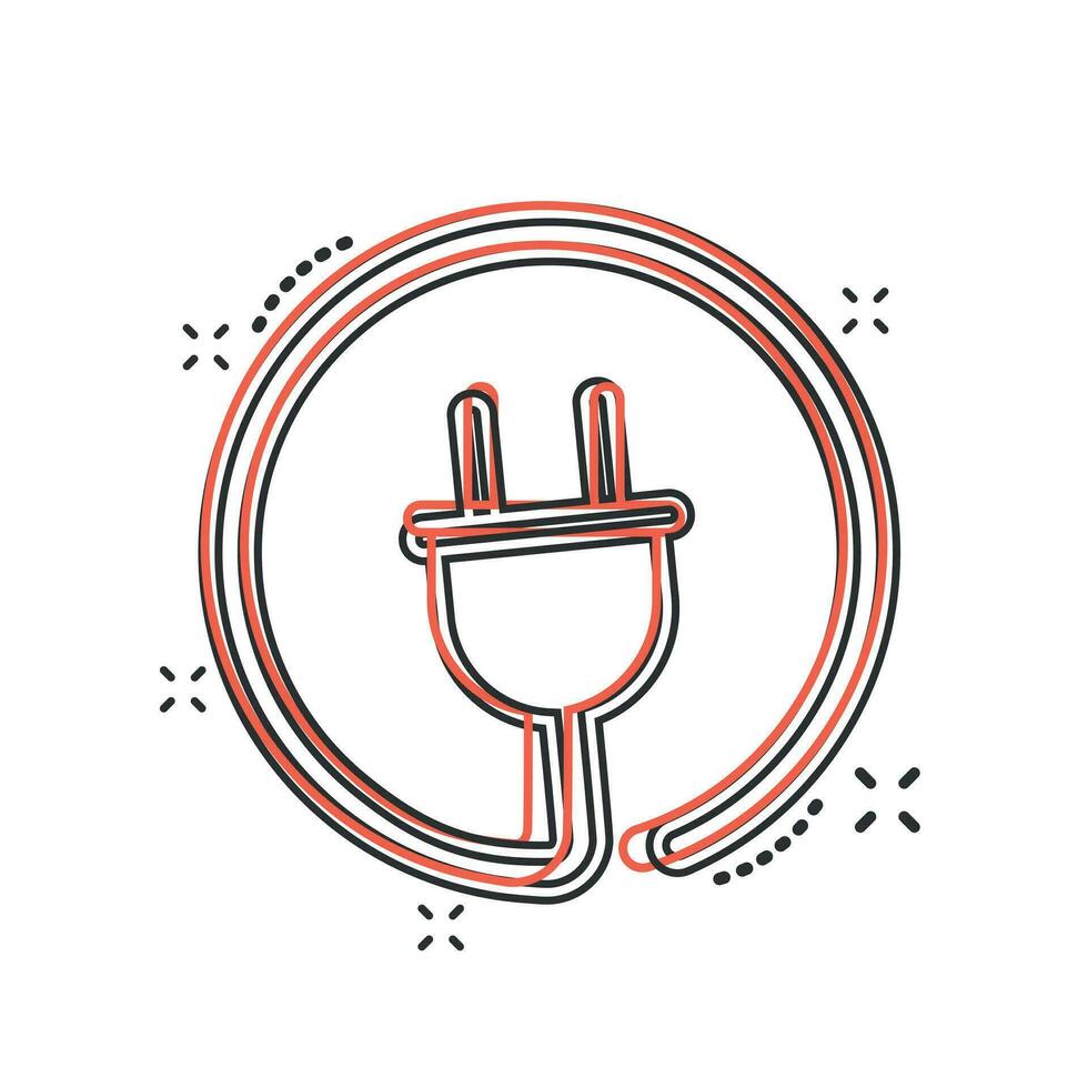 Vector cartoon electric plug icon in comic style. Power wire cable sign illustration pictogram. Wire business splash effect concept.