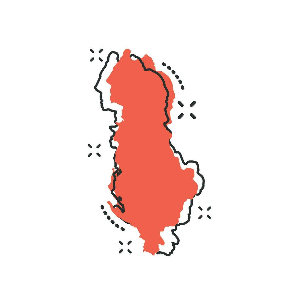 icono de mapa de albania de dibujos animados vectoriales en estilo cómico. pictograma de ilustración de signo de albania. concepto de efecto de salpicadura de negocio de mapa de cartografía. vector