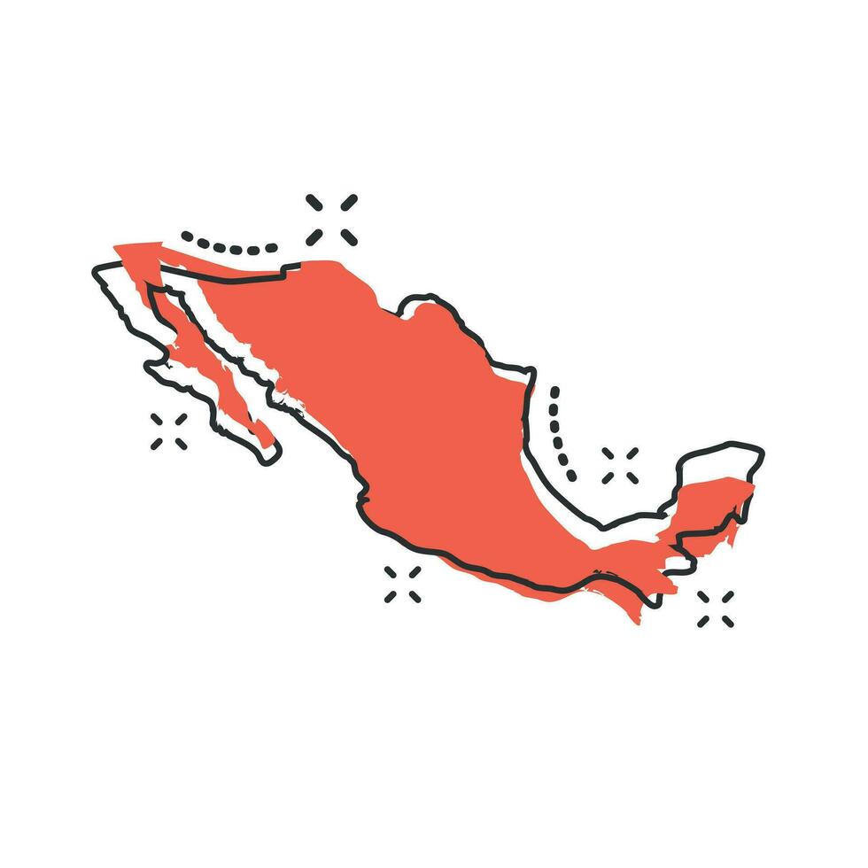 icono de mapa de México de dibujos animados vectoriales en estilo cómico. pictograma de ilustración de signo de México. concepto de efecto de salpicadura de negocio de mapa de cartografía. vector