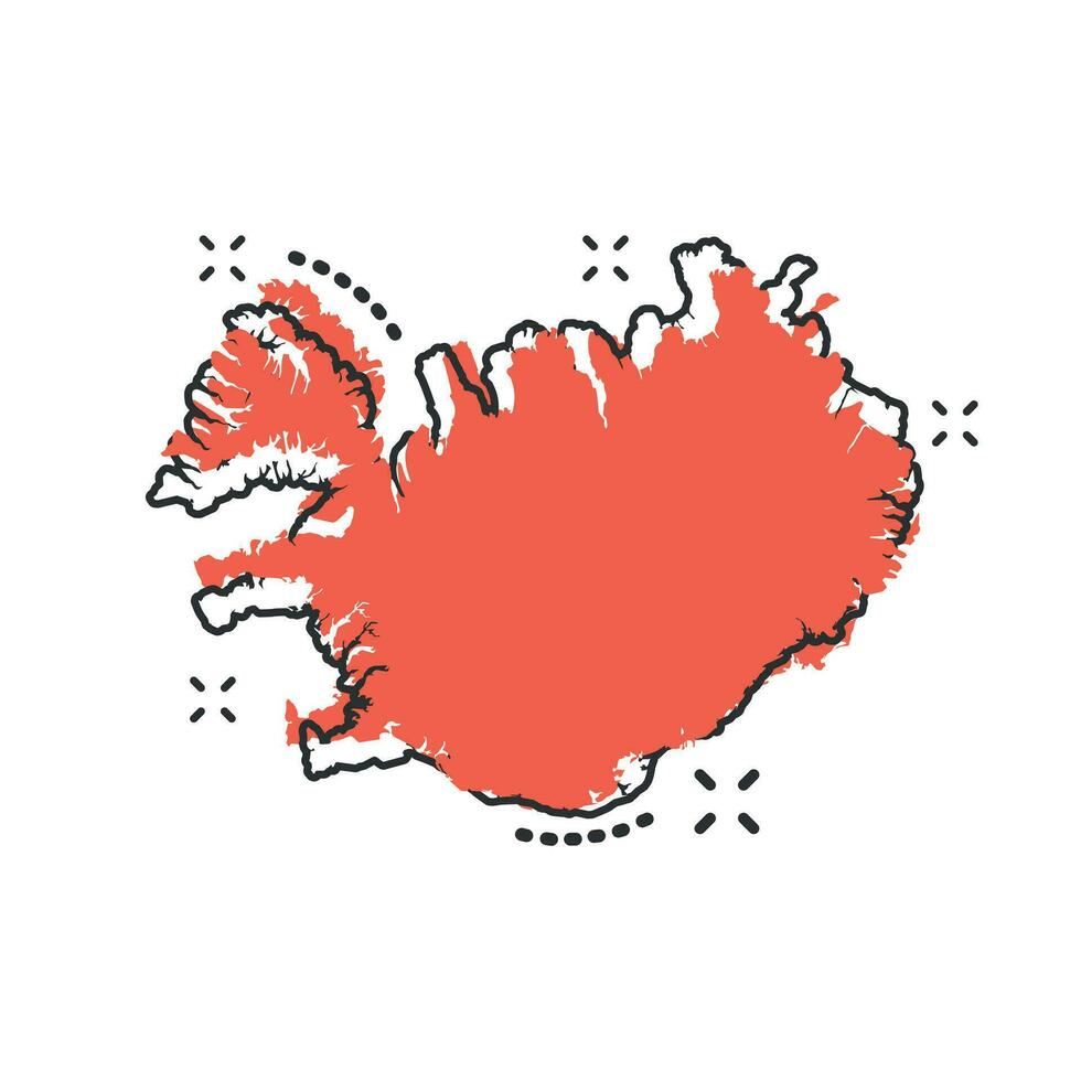 icono de mapa de islandia de dibujos animados vectoriales en estilo cómico. Pictograma de ilustración de signo de Islandia. concepto de efecto de salpicadura de negocio de mapa de cartografía. vector