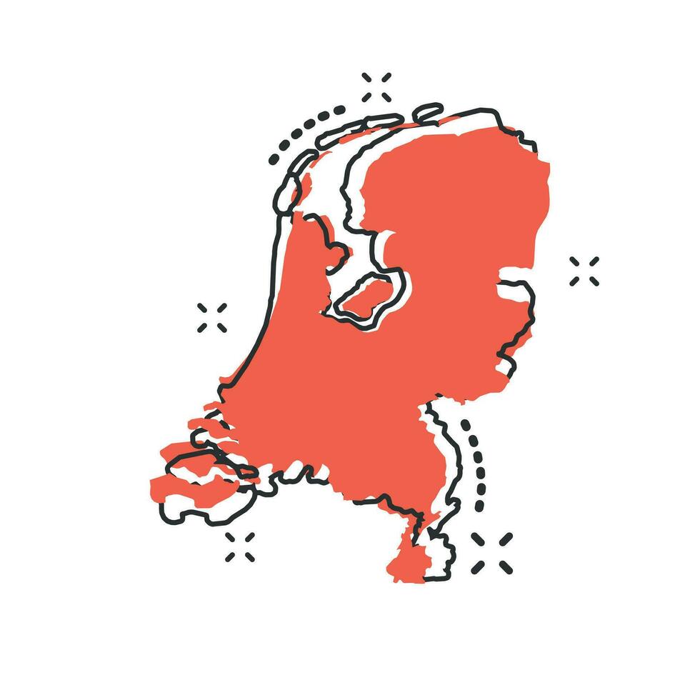 Vector cartoon Netherlands map icon in comic style. Netherlands sign illustration pictogram. Cartography map business splash effect concept.