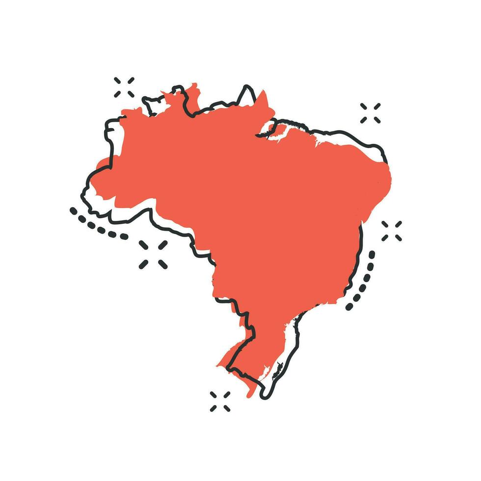 Vector cartoon Brazil map icon in comic style. Brazil sign illustration pictogram. Cartography map business splash effect concept.