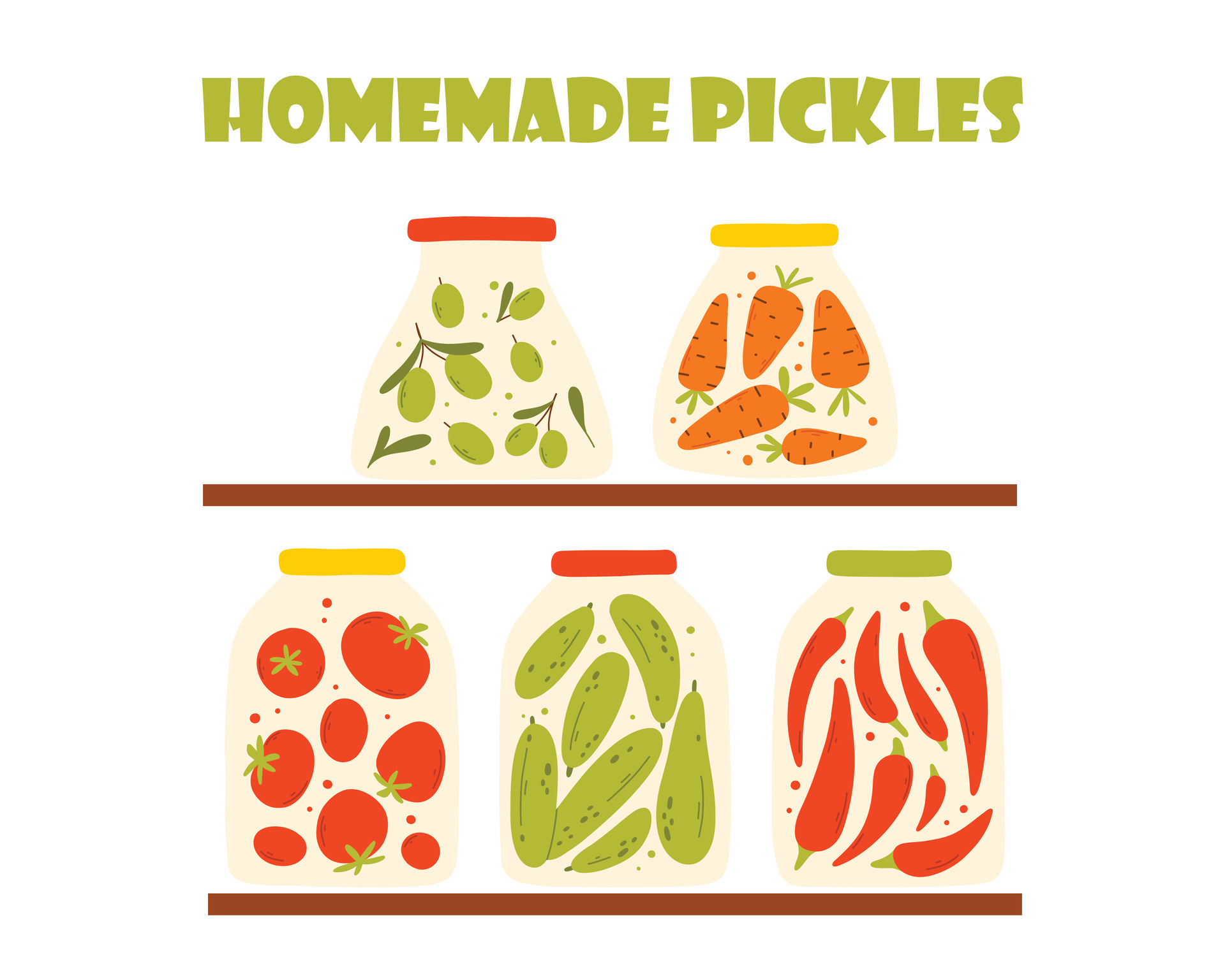 Shelf with homemade pickles. Rack with jars of canned vegetables