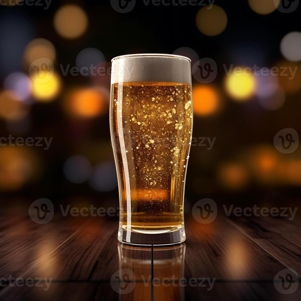 Glass of beer on the table in front of a window with sunset photo
