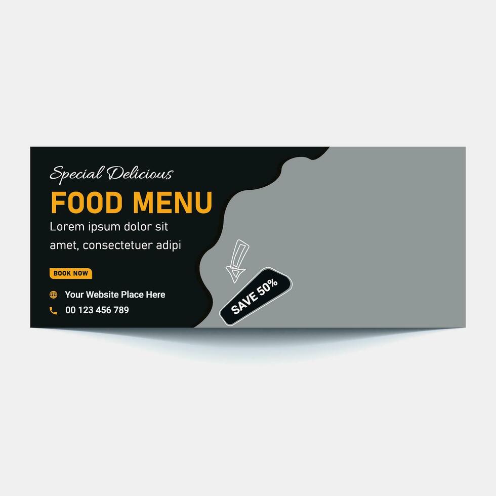 Restaurant food menu social media marketing web banner. Pizza, burger or hamburger online sale promotion video thumbnail. Fast food website background. Food flyer with logo and business icon. vector