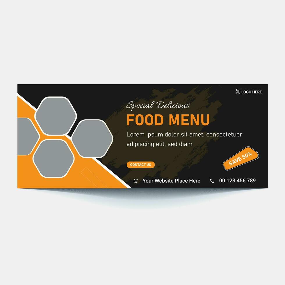 Restaurant food menu social media marketing web banner. Pizza, burger or hamburger online sale promotion video thumbnail. Fast food website background. Food flyer with logo and business icon. vector