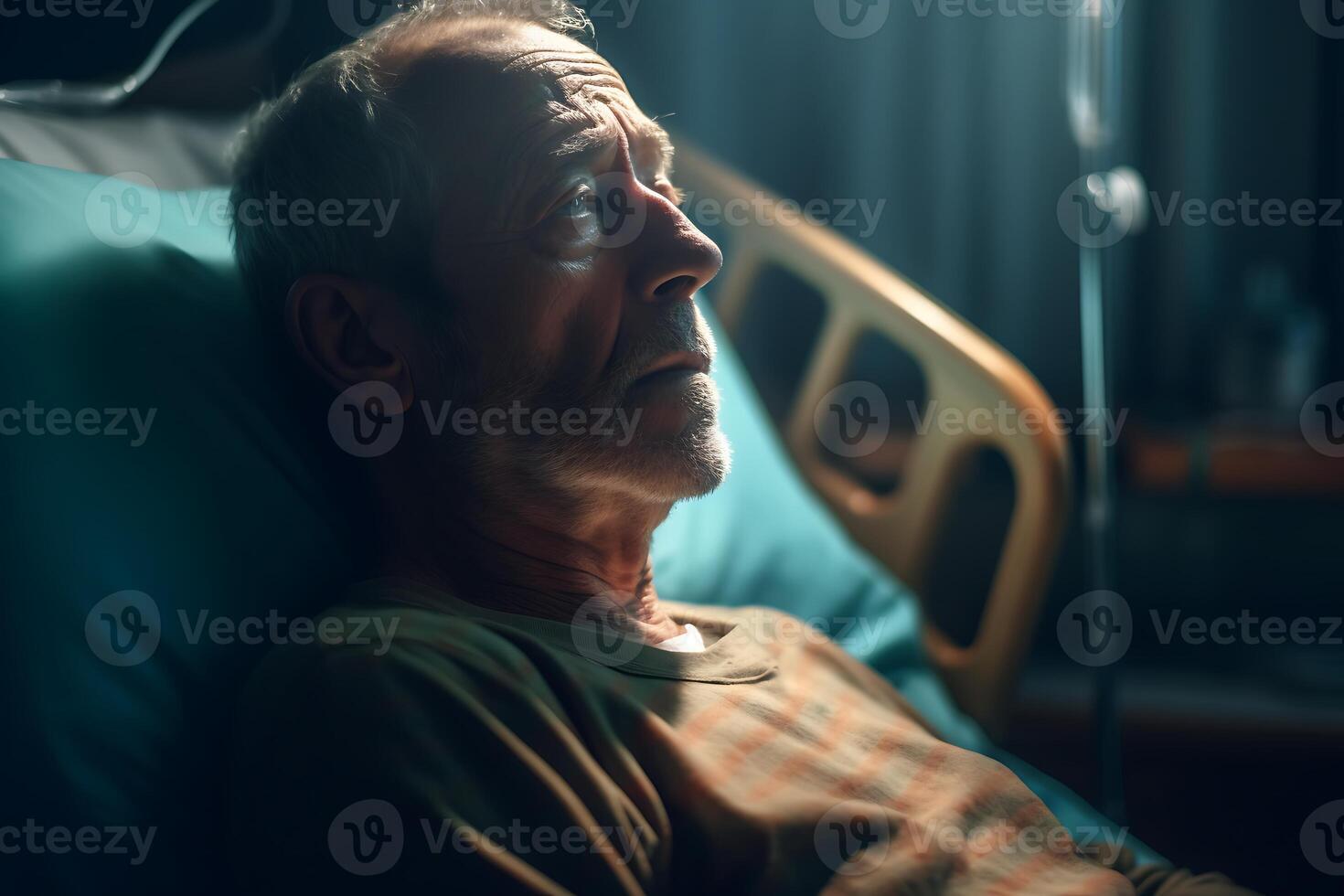 Elderly man lying in a hospital bed ai generated photo