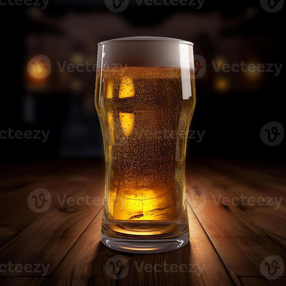 Glass of beer on a wooden table with bokeh background photo