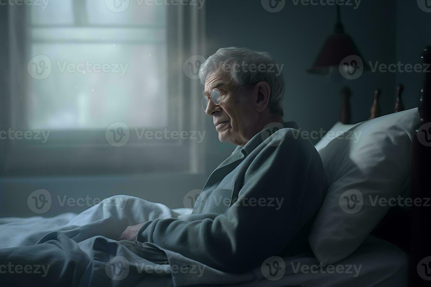 Elderly woman sitting in bed at night ai generated photo