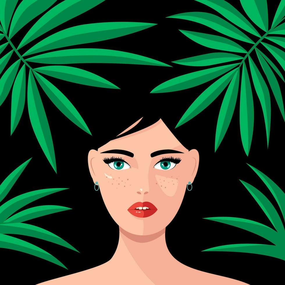 Beautiful woman in foliage, portrait, vector illustration, freckles face, print