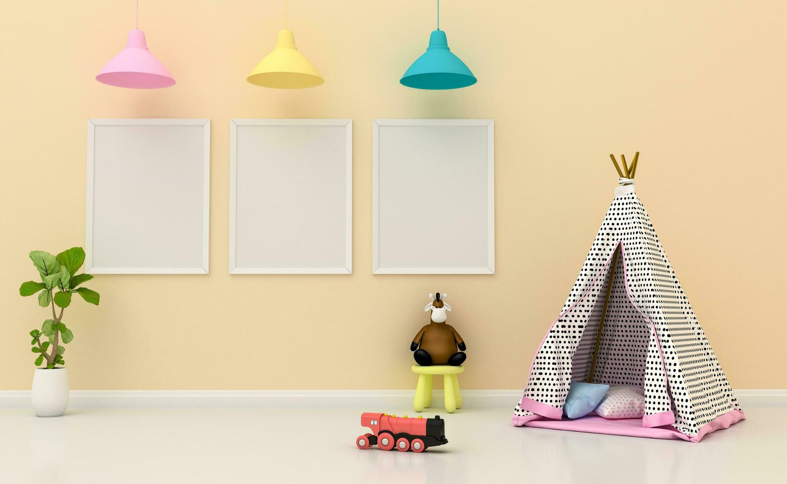 Mock up Kids room interior decorated,  wall in child room with Picture frame, 3d rendering photo