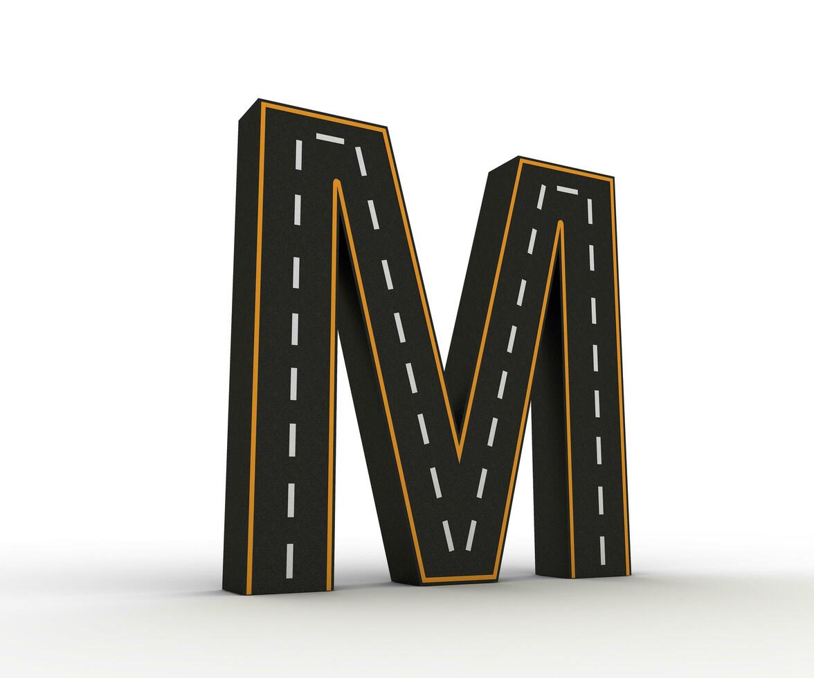 Alphabet symbols of the Figures in the form of a road with white and yellow line, 3d rendering photo