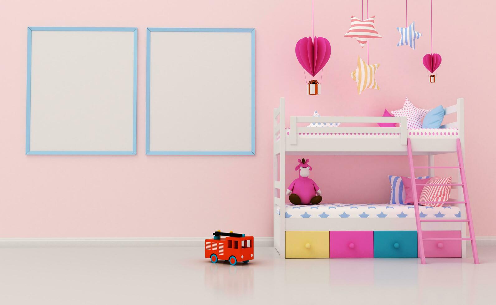 burlarse de arriba niños habitación interior decorado, pared en niño habitación con imagen marco, 3d representación foto