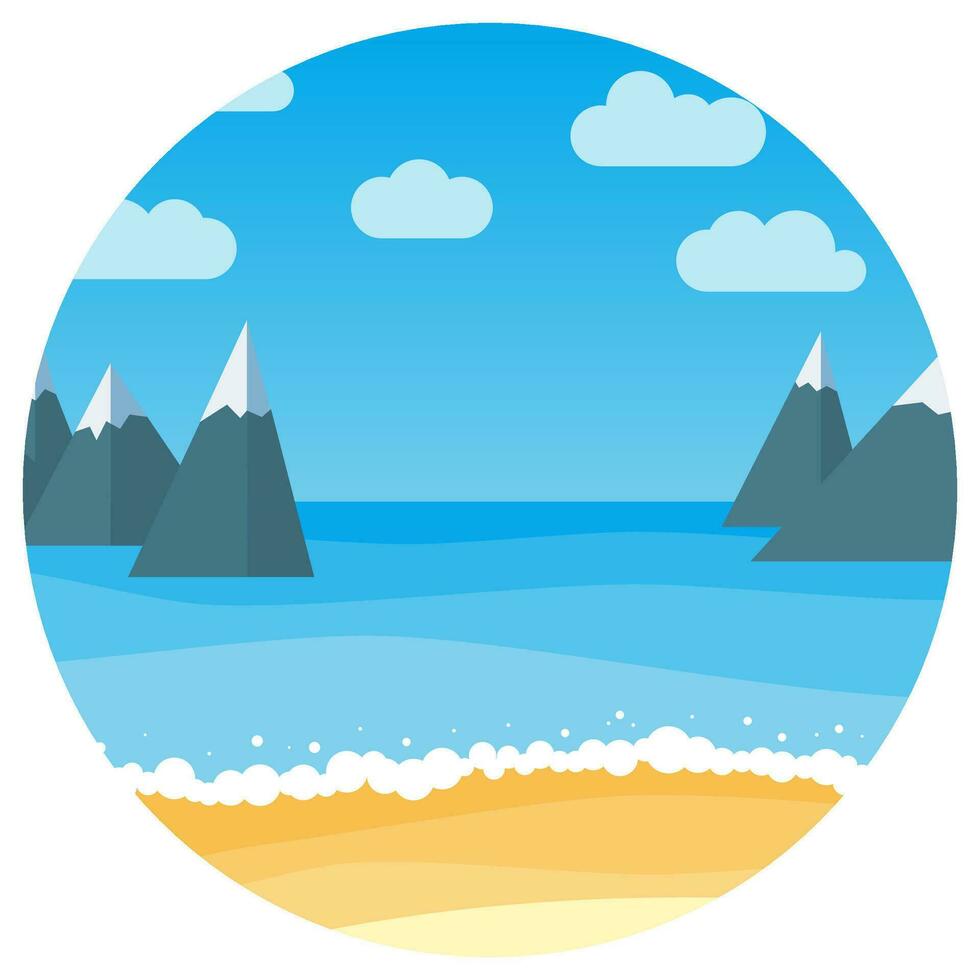 Vector landscape with summer beach and rocks in circle. Waves of the sandy beach, blue sky and sea. Landscape vector illustration.