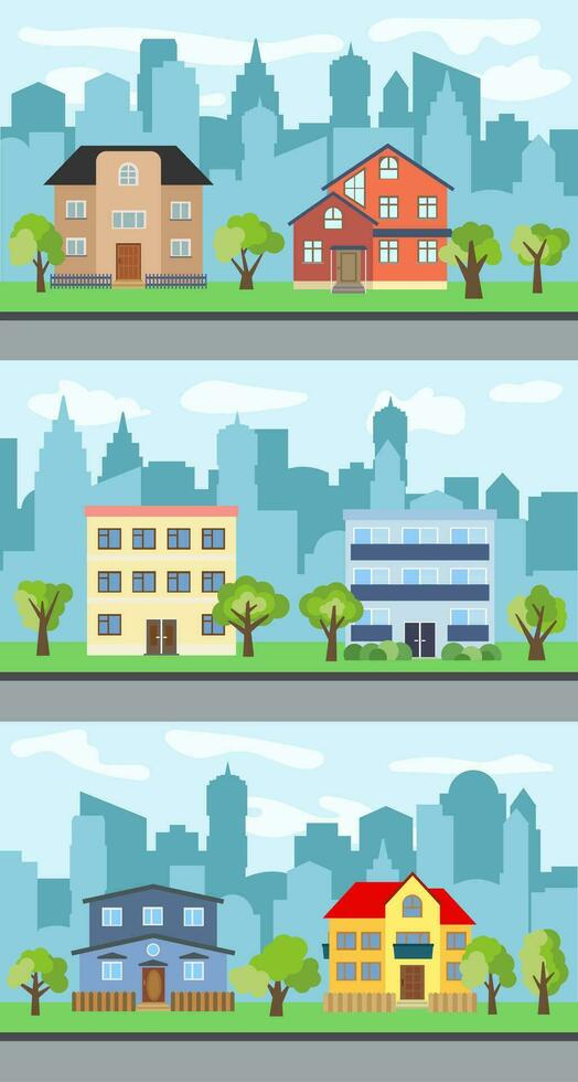 Set of three vector illustrations of city street with cartoon houses and trees. Summer urban landscape. Street view with cityscape on a background