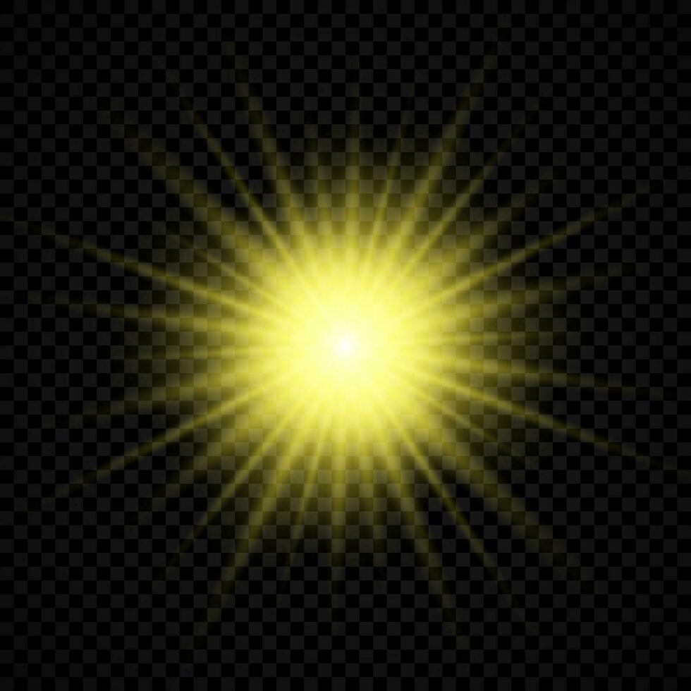 Light effect of lens flares. Yellow glowing lights starburst effects with sparkles vector