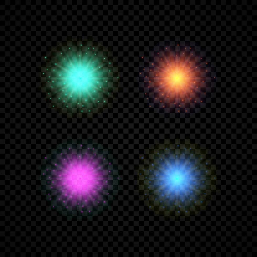 Light effect of lens flares. Set of four green, orange, purple and blue glowing lights starburst effects with sparkles vector