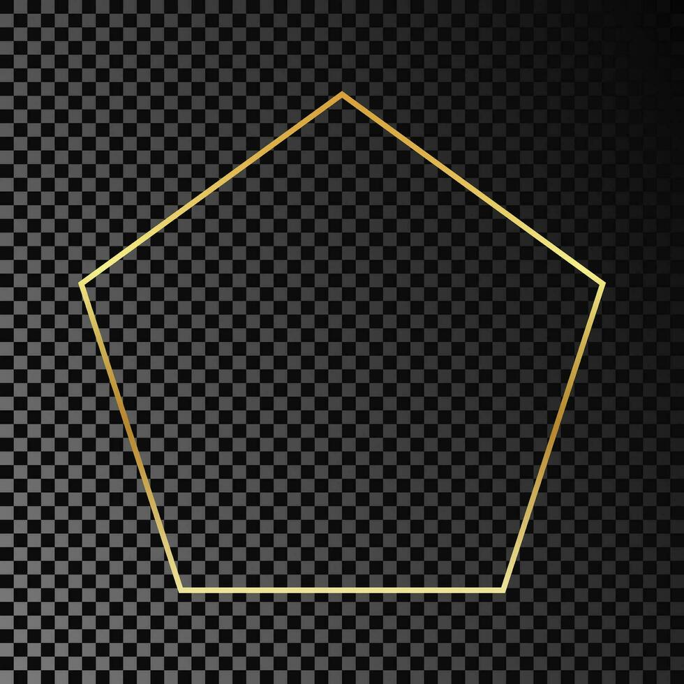 Gold glowing pentagon shape frame isolated on dark background. Shiny frame with glowing effects. Vector illustration.