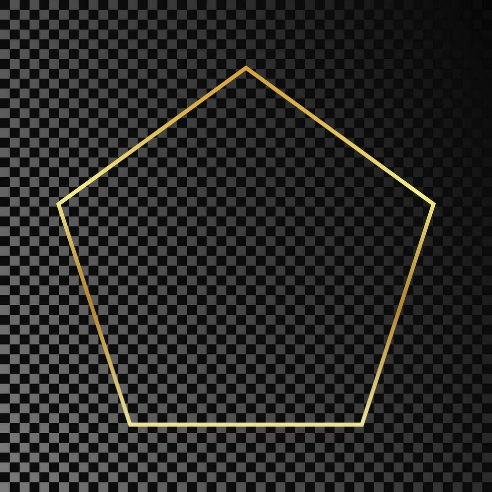 Gold glowing pentagon shape frame isolated on dark background. Shiny frame with glowing effects. Vector illustration.