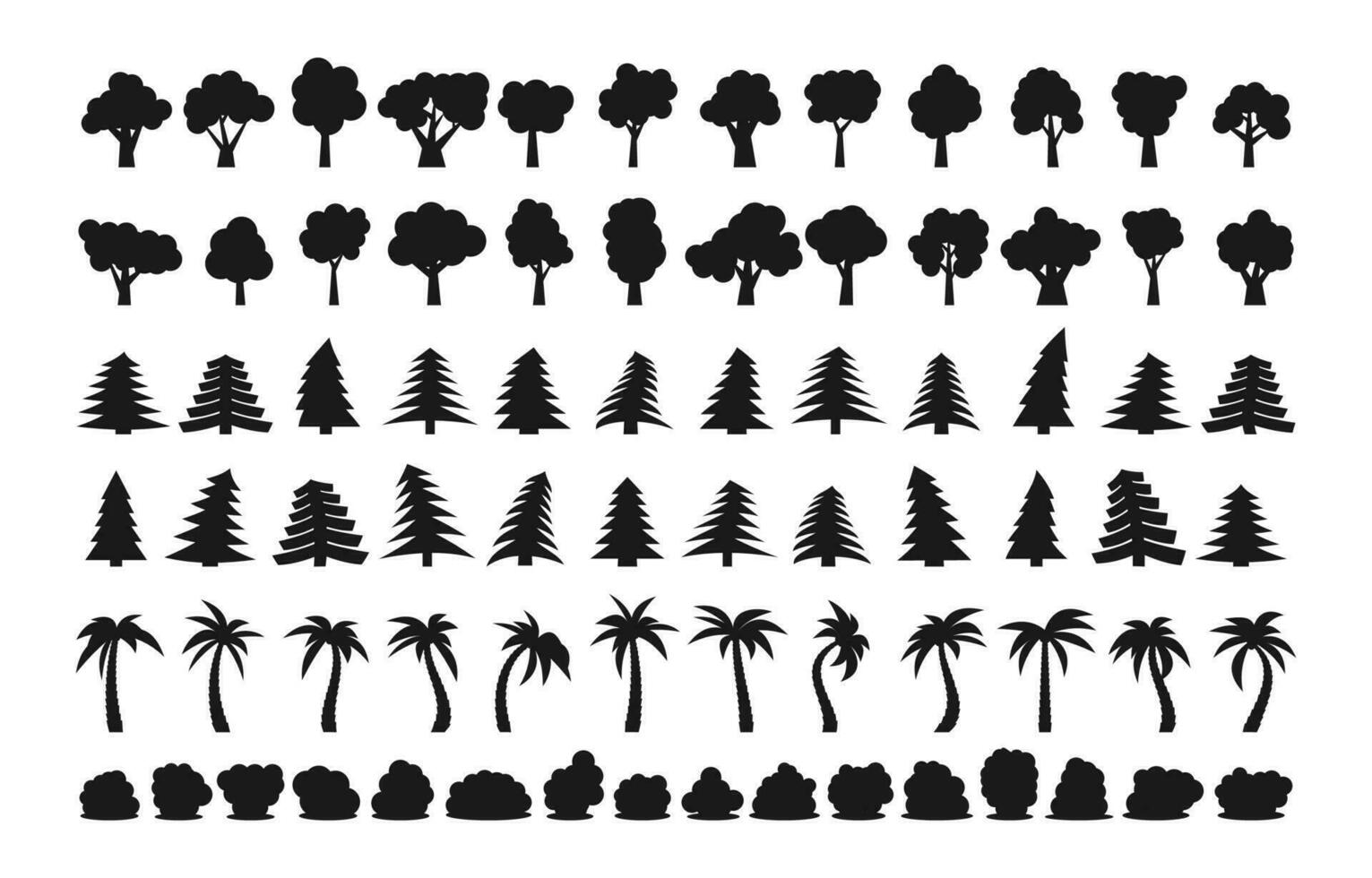 Big set of different dark silhouettes of trees and bushes. Vector illustration