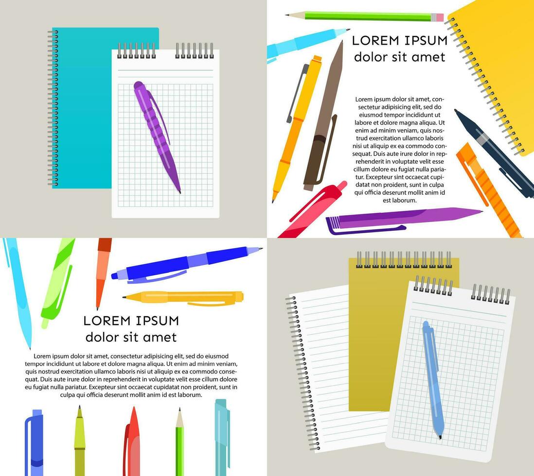 Set of four vector illustration with notebooks, pens and pencils.