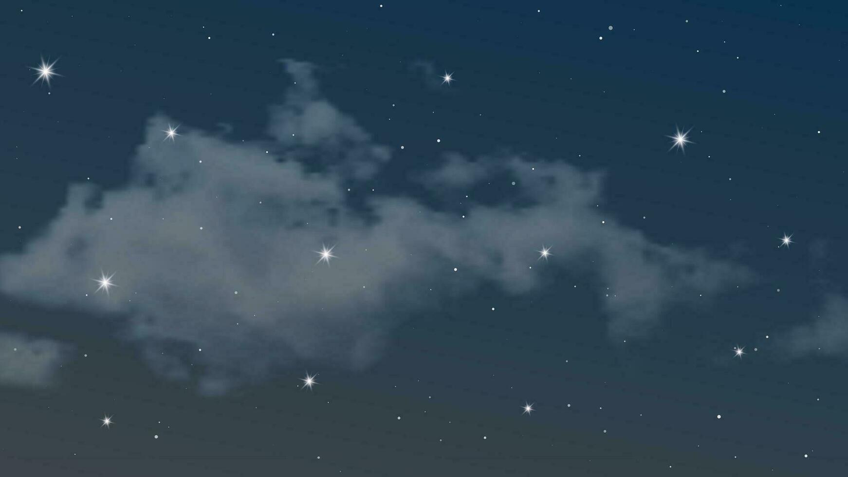 Night sky with clouds and many stars. Abstract nature background with stardust in deep universe. Vector illustration.