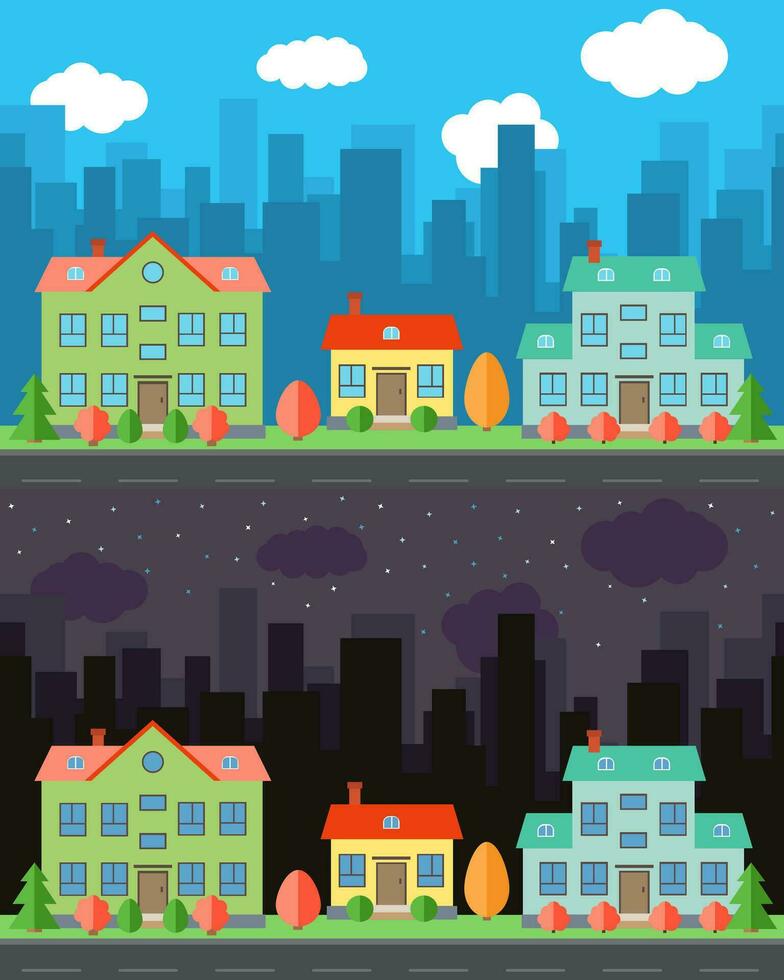 Vector city with one and two-story cartoon houses in the day and night. Summer urban landscape. Street view with cityscape on a background