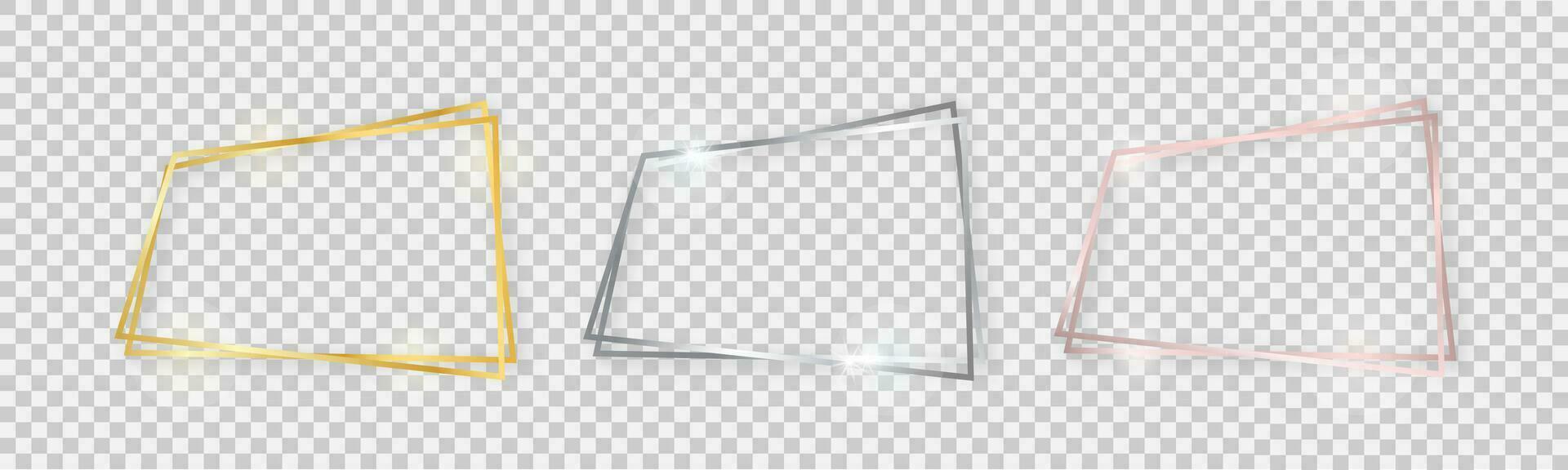 Double shiny frames with glowing effects. Set of three gold, silver and rose gold double frames with shadows on background. Vector illustration