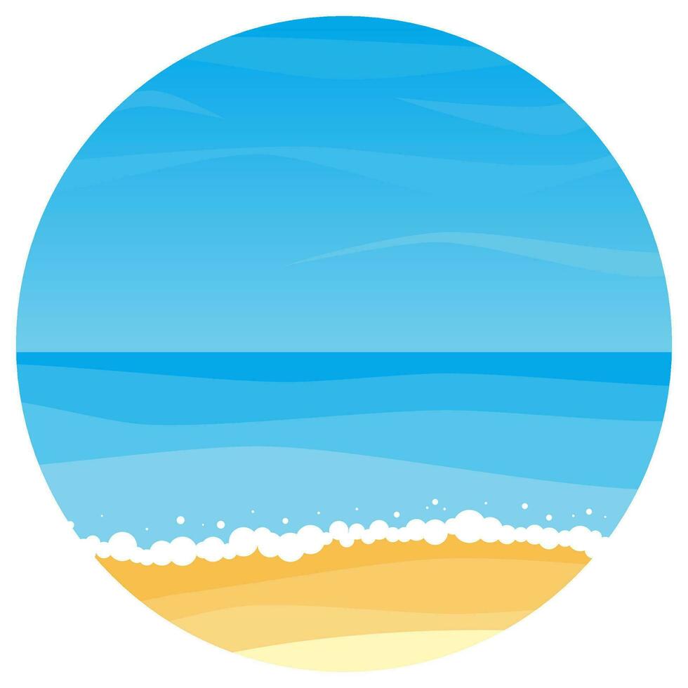 Vector landscape with summer beach in circle. Waves of the sandy beach, blue sky and sea. Landscape vector illustration.