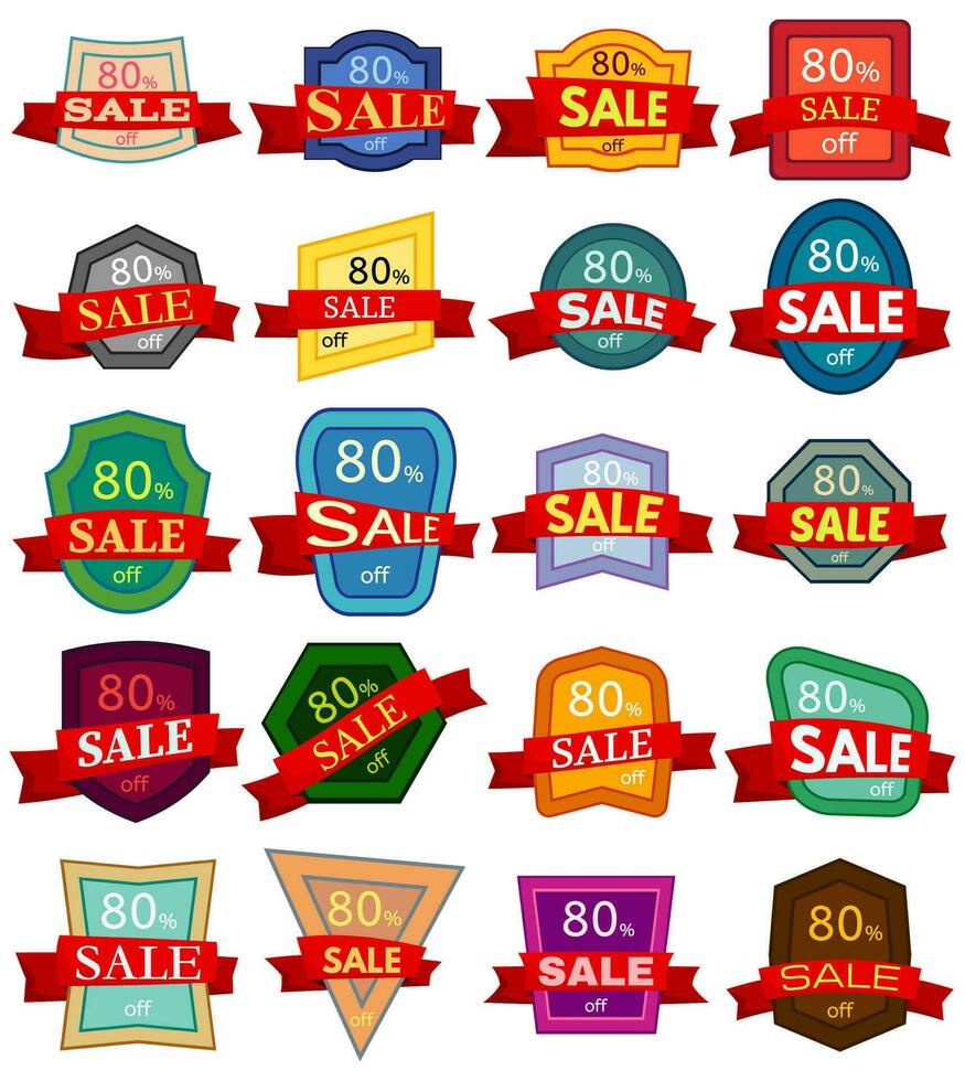 Set of twenty discount stickers. Colorful badges with red ribbon for sale 80 percent off. Vector illustration.