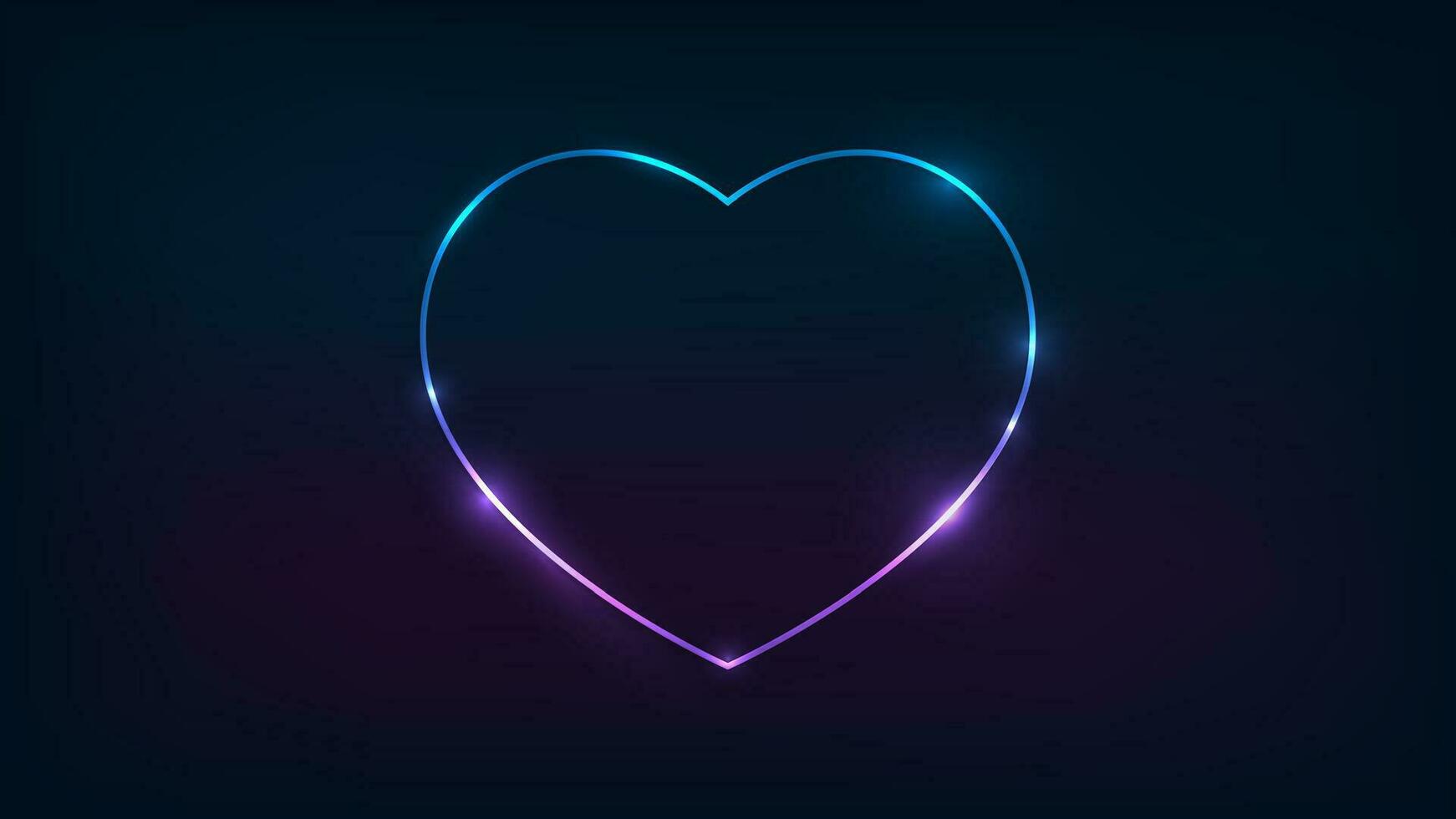 Neon frame in heart form with shining effects on dark background. Empty glowing techno backdrop. Vector illustration.