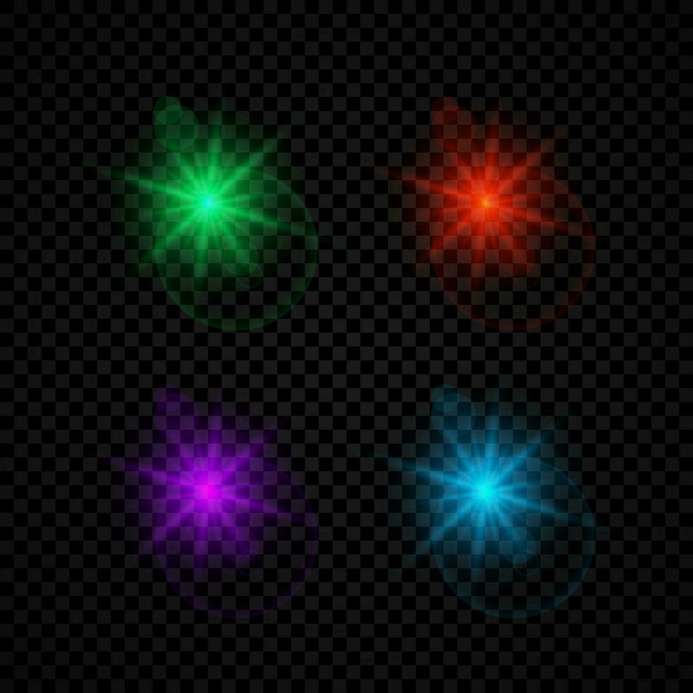 ligero efecto de lente bengalas conjunto de cuatro verde, rojo, púrpura y azul brillante luces Starburst efectos con destellos en un oscuro vector