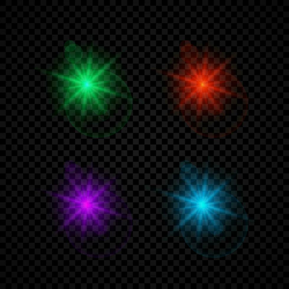 Light effect of lens flares. Set of four green, red, purple and blue glowing lights starburst effects with sparkles on a dark vector