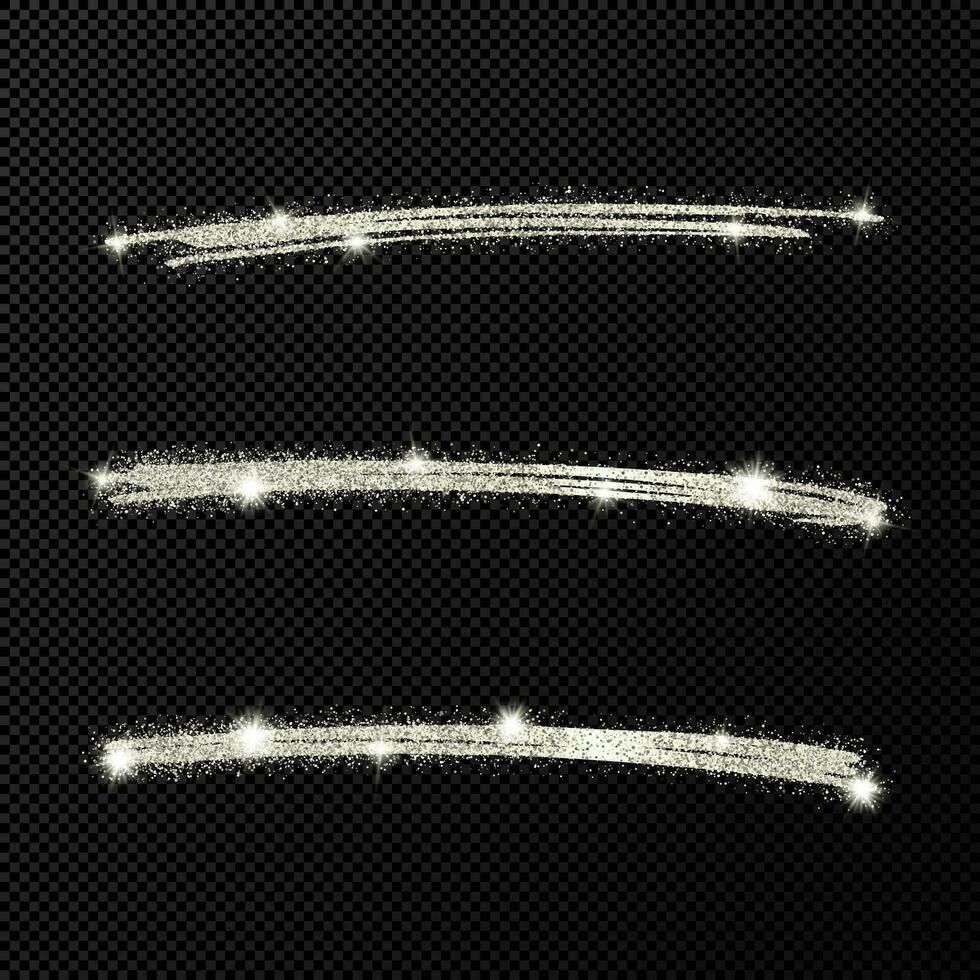 Abstract shiny confetti glittering waves. Set of three hand drawn brush silver strokes on black vector