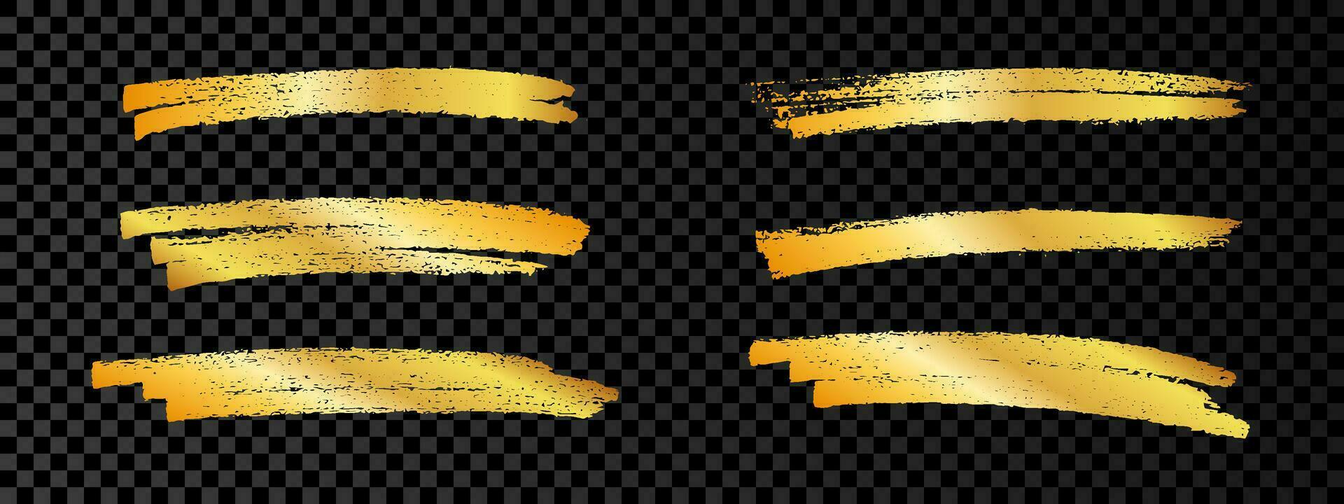 Gold paint brush smear stroke. Set of six abstract gold glittering sketch scribbles smears on dark background. Vector illustration.