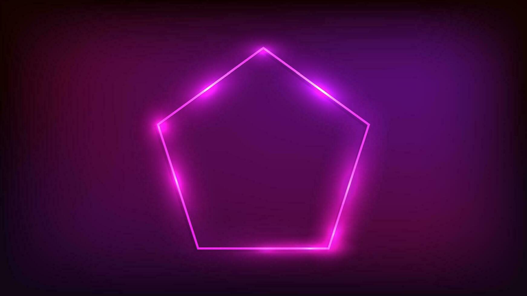 Neon frame in pentagon form with shining effects on dark background. Empty glowing techno backdrop. Vector illustration.