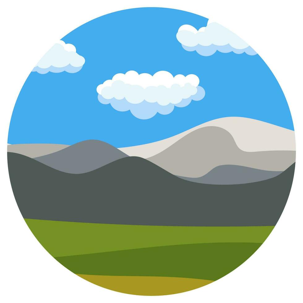 natural dibujos animados paisaje en círculo. vector ilustración en el plano estilo con azul cielo, nubes, colinas y montañas.