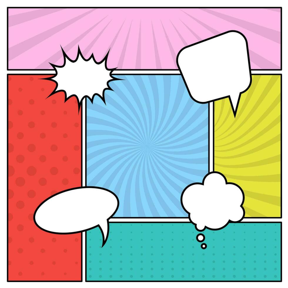 Colorful comic book page background in pop art style with empty speech bubbles. Template with rays and dots pattern. Vector illustration