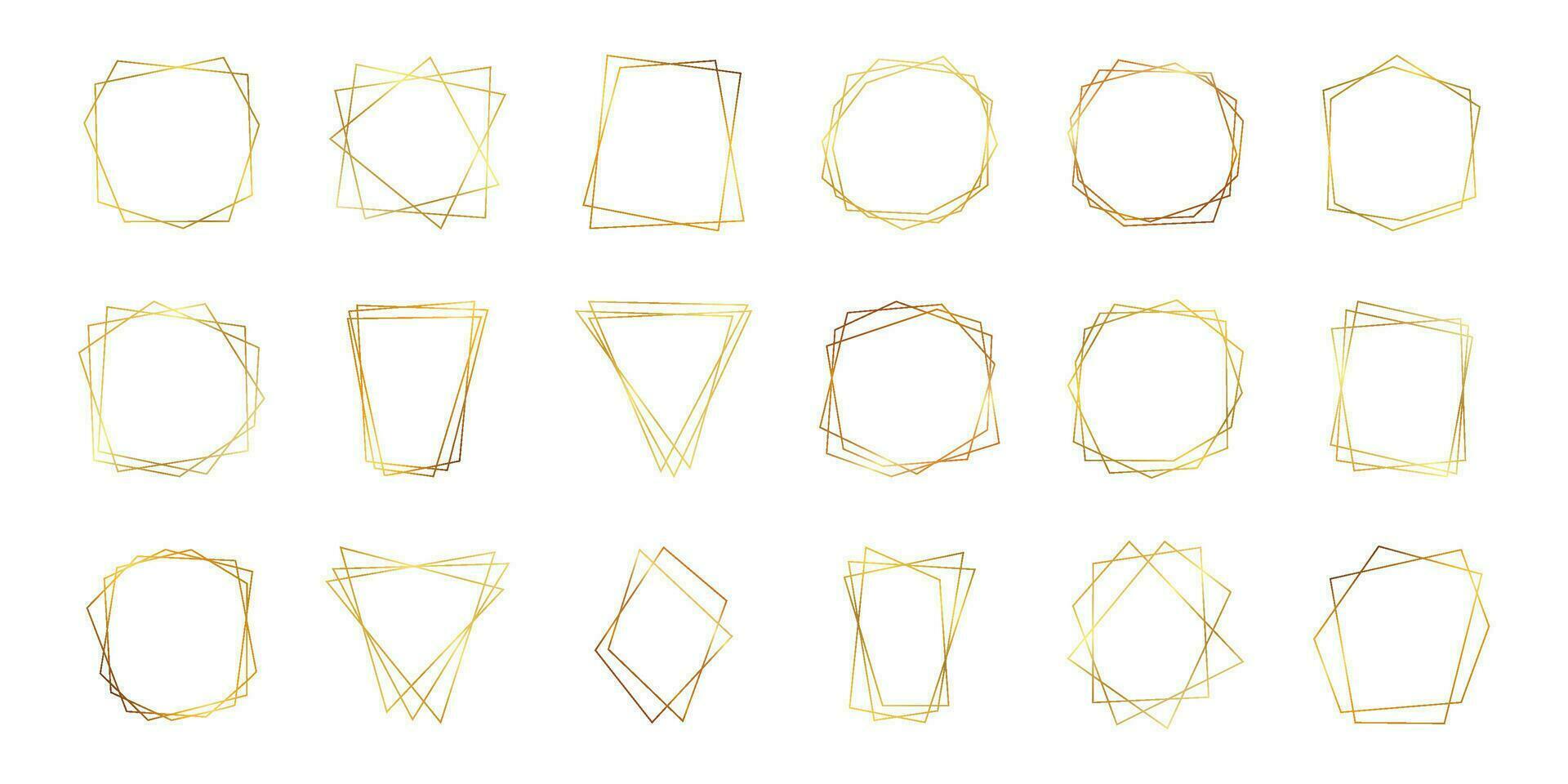 Set of eighteen gold geometric polygonal frames with shining effects isolated on white background. Empty glowing art deco backdrop. Vector illustration.