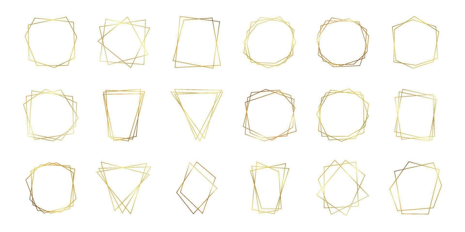 Set of eighteen gold geometric polygonal frames with shining effects isolated on white background. Empty glowing art deco backdrop. Vector illustration.